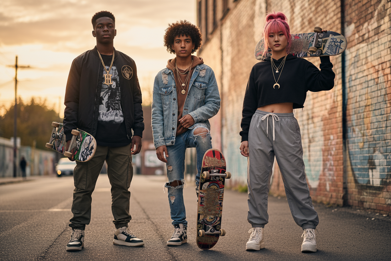 3 young teenagers with gold chains and skateboards