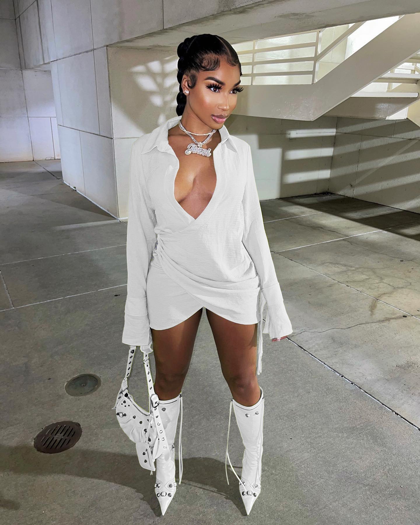 Plunge Mini Shirt Dress