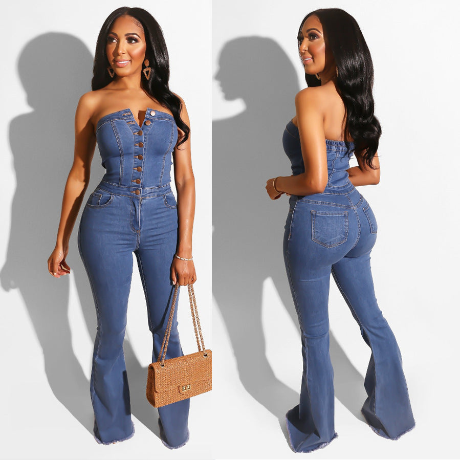 Flare bottom denim jumpsuit