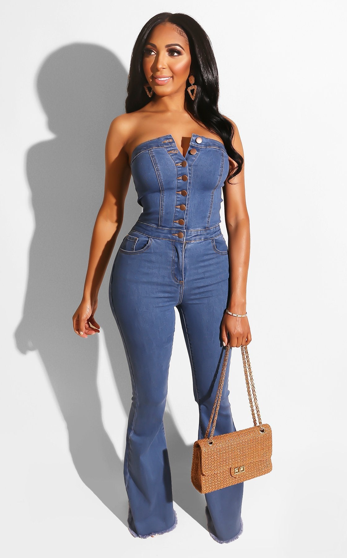 Flare bottom denim jumpsuit