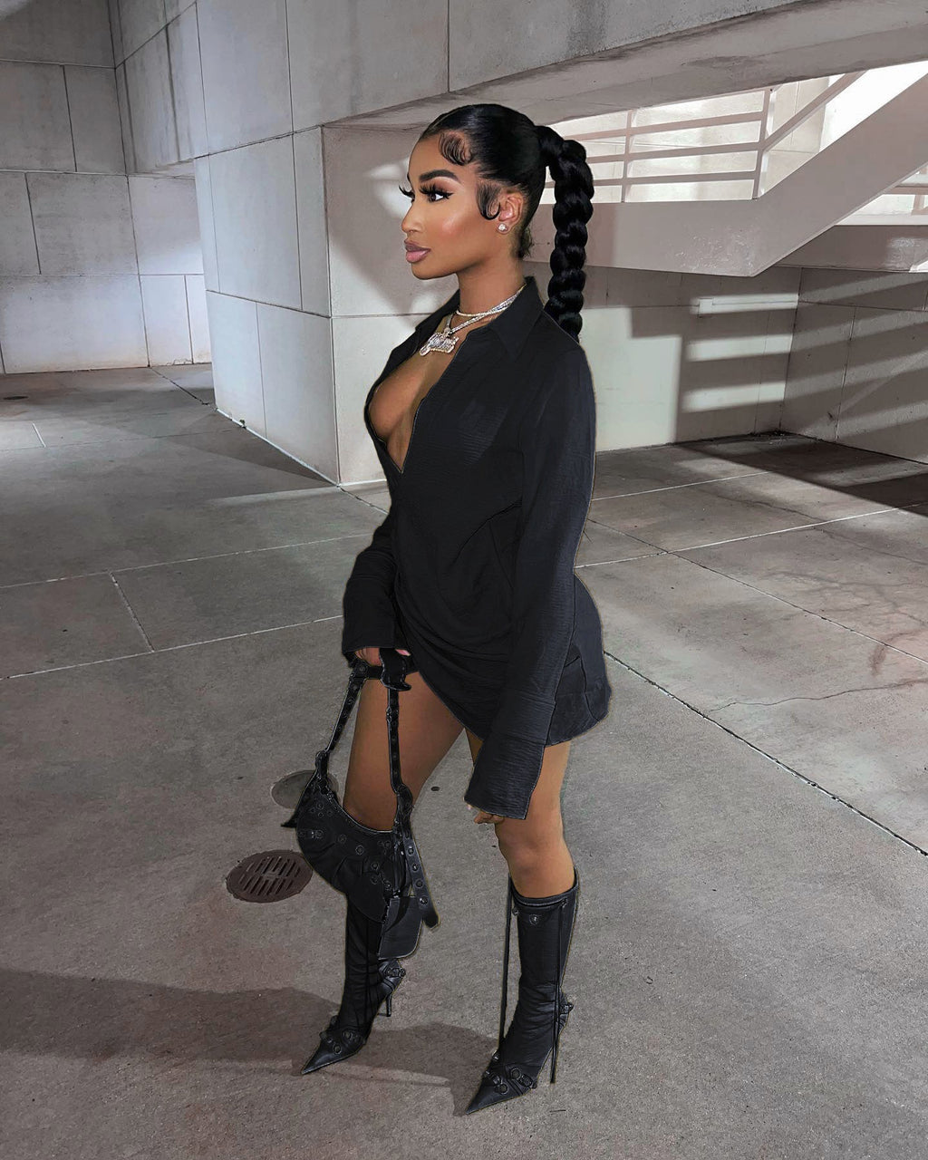 Plunge Mini Shirt Dress